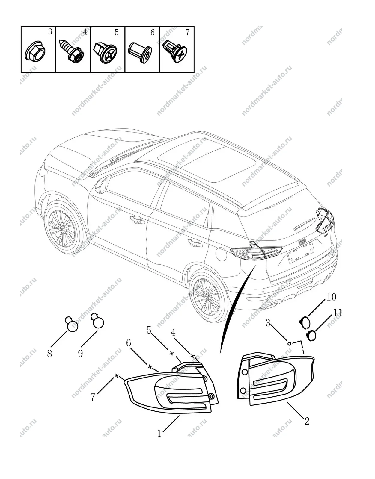 Схема: Задние фонари, Geely Atlas