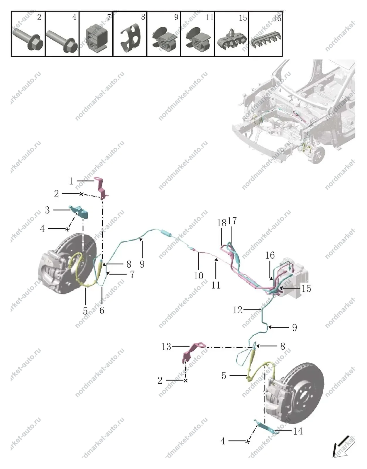 Схема: Передние тормозные трубки и шланги, Geely Atlas