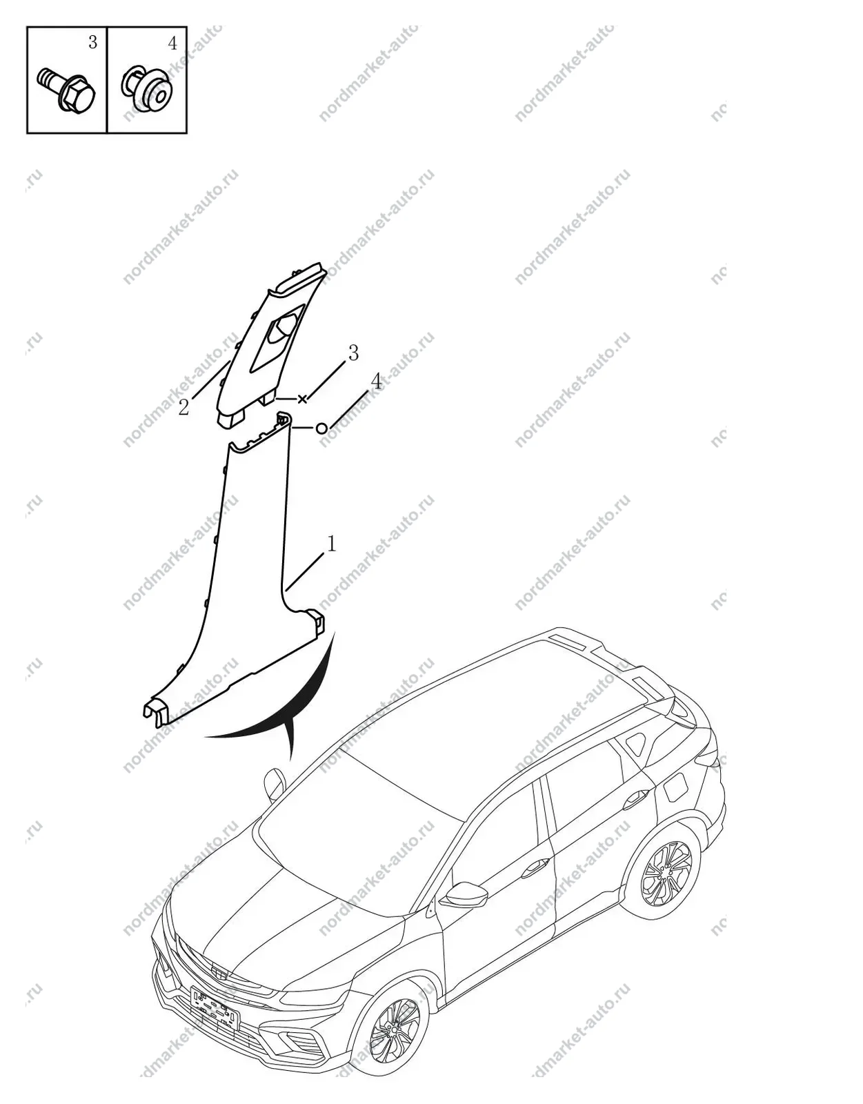 Схема: Обшивка боковины средняя, Geely Coolray