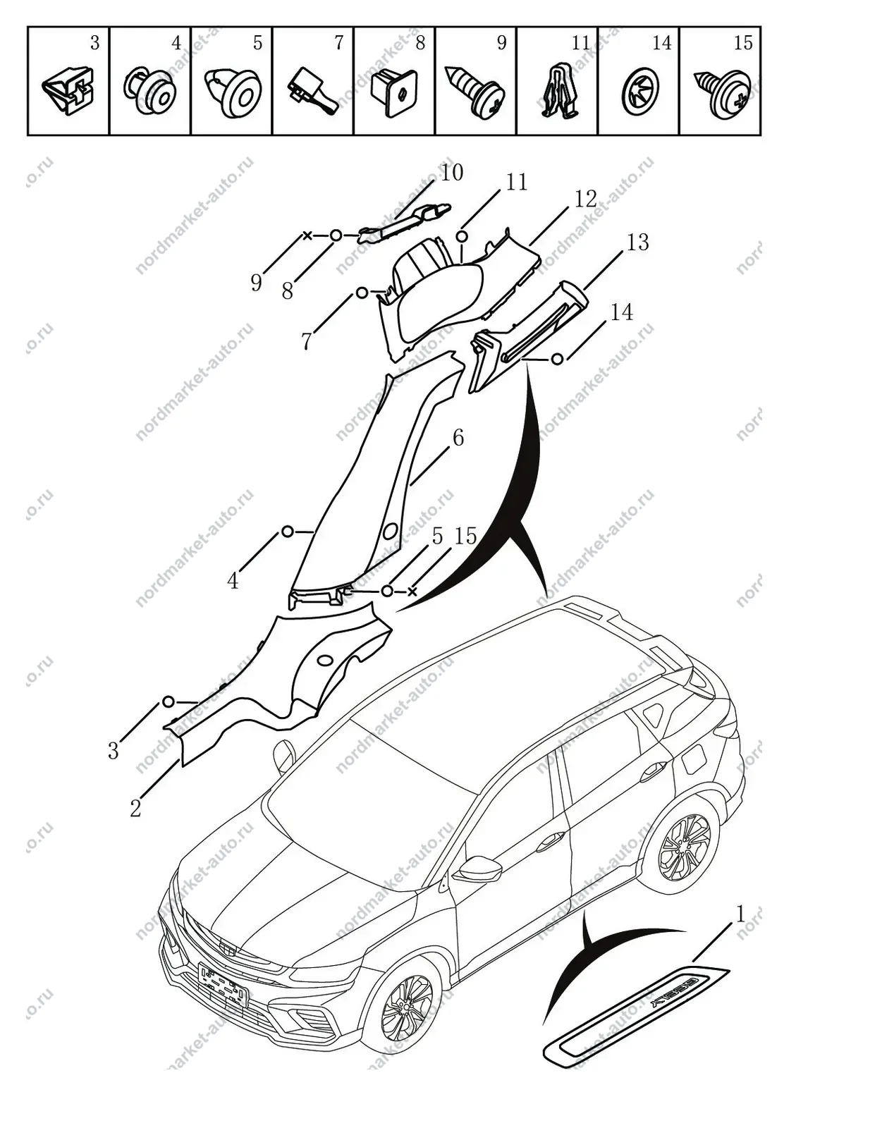 Схема: Обшивка боковины задняя, Geely Coolray