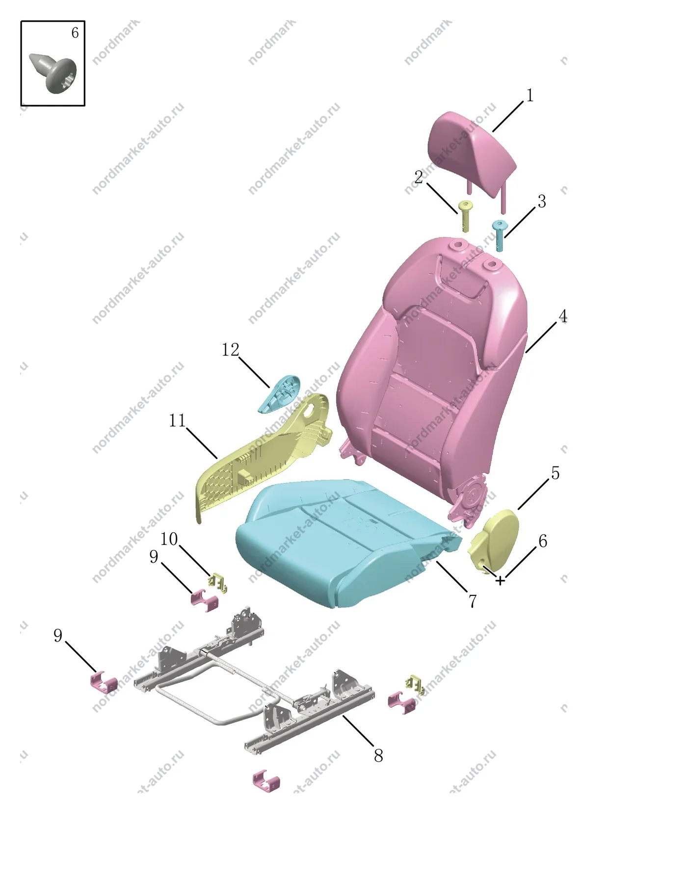 Схема: Подушка и спинка правого переднего сиденья, Geely Coolray