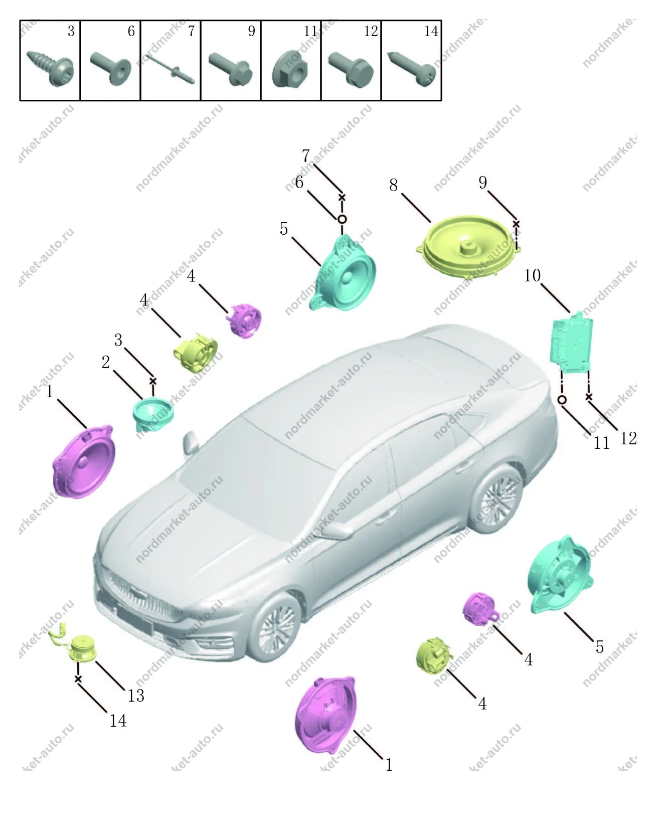Схема: Динамики, Geely Preface